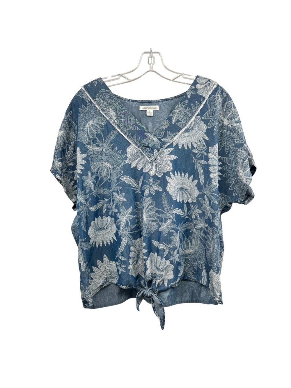 John Paul Richard Floral Top Tie Hem Short Sleeve Blue/White Size Medium